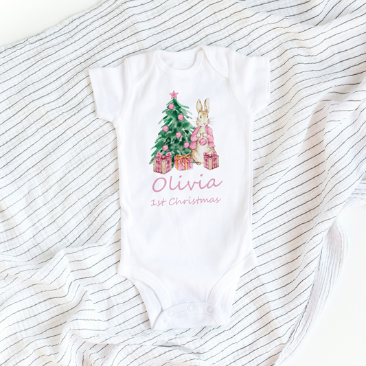 Personalised Flopsy Peter Rabbit 1st Christmas Babygrow - Girls