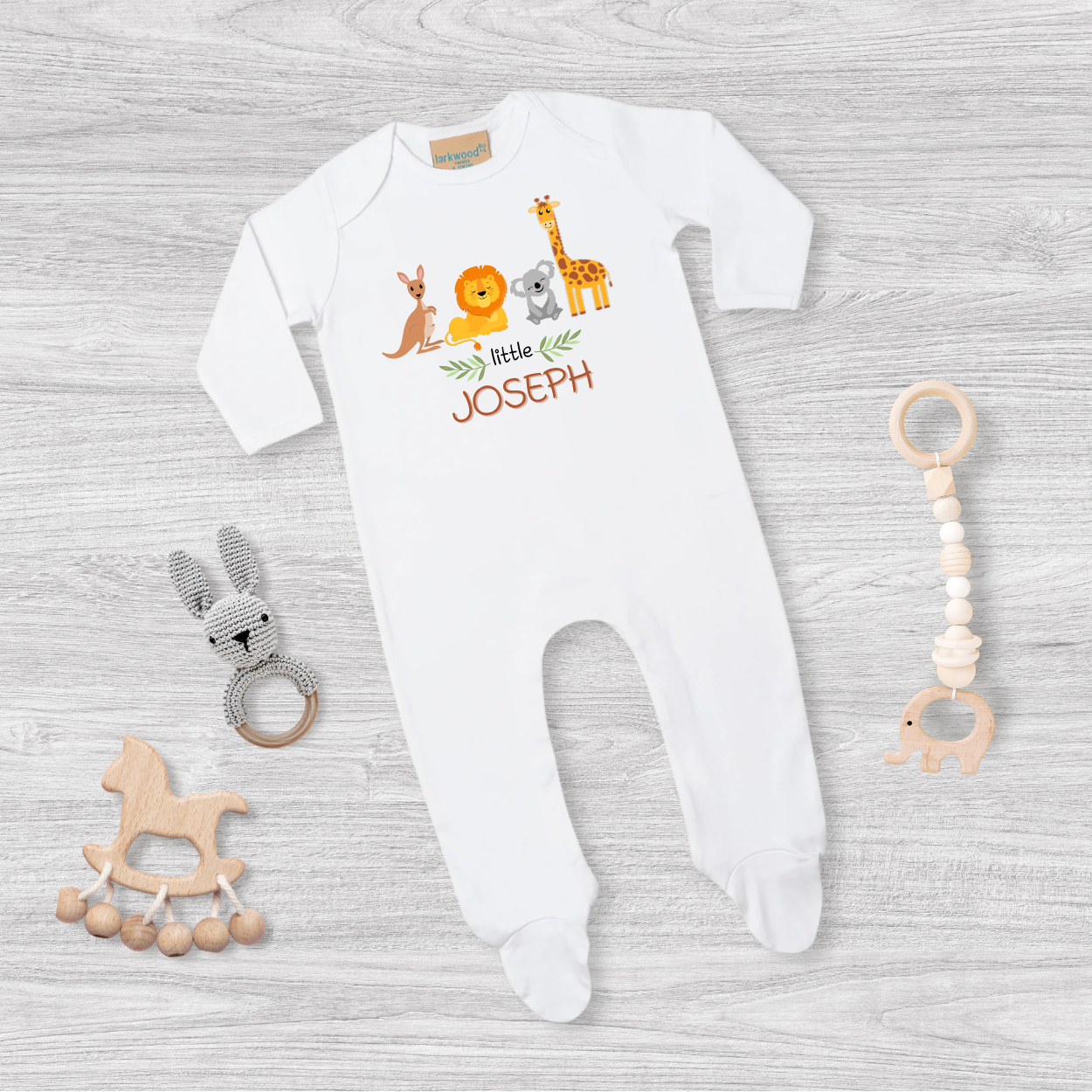 Personalised Safari Animal Baby Sleepsuit - Add Name