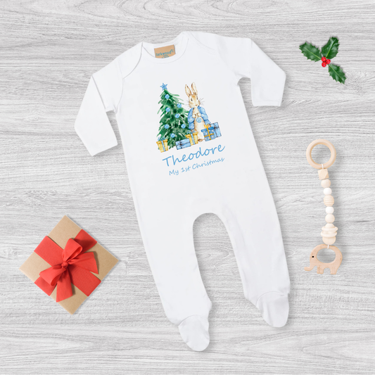 Personalised Peter Rabbit 1st Christmas Baby Sleepsuit - Boys