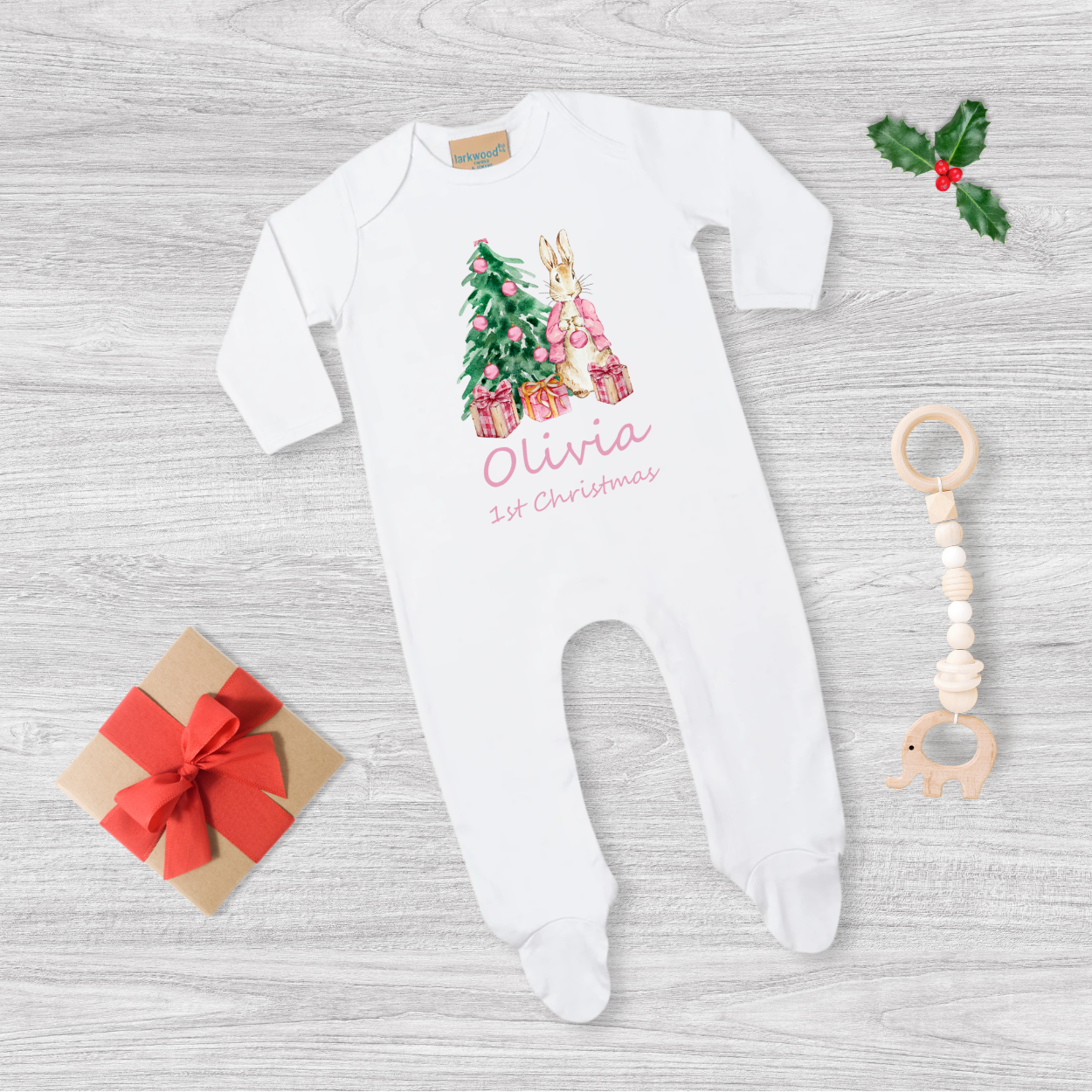 Personalised Flopsy Peter Rabbit 1st Christmas Baby Sleepsuit - Girls