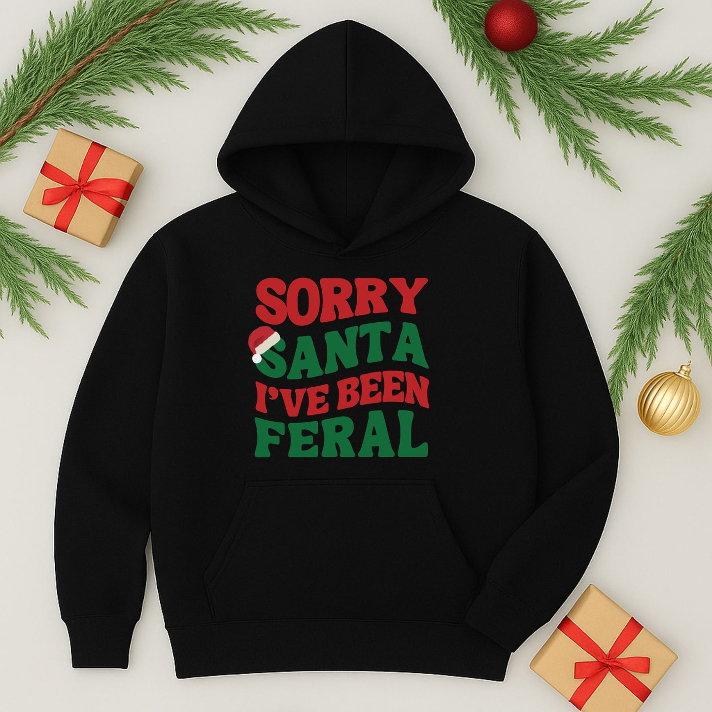 Kids Funny Christmas Hoodie - Sorry Santa I've Been Feral