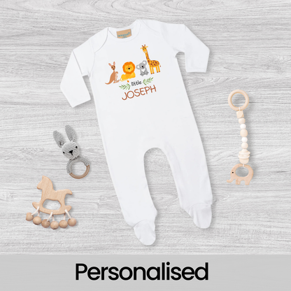 Personalised Safari Animal Baby Sleepsuit - Add Name