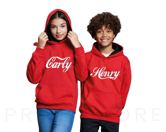 Kids Coca-Cola style Font Personalised Name Hoodies