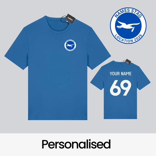 Personalised Brighton Football-Inspired Stag Do T-Shirt – Custom Badge, Name & Number