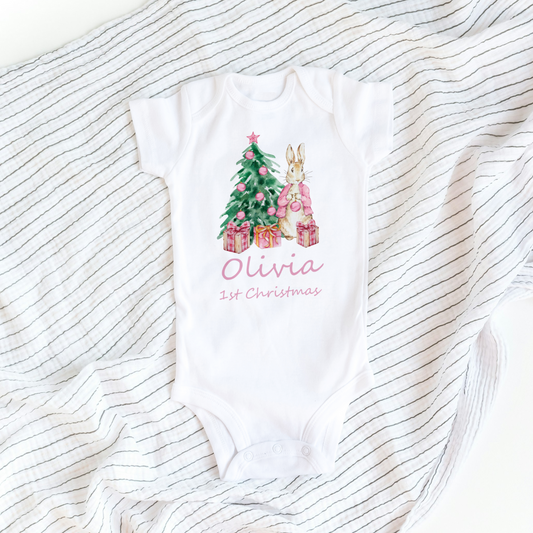 Personalised Flopsy Peter Rabbit 1st Christmas Baby Grows - Girls